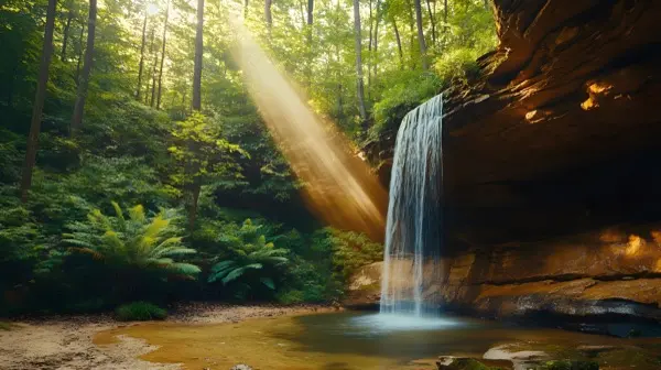 Hocking Hills Ohio waterfall cave at golden hour dramatic san