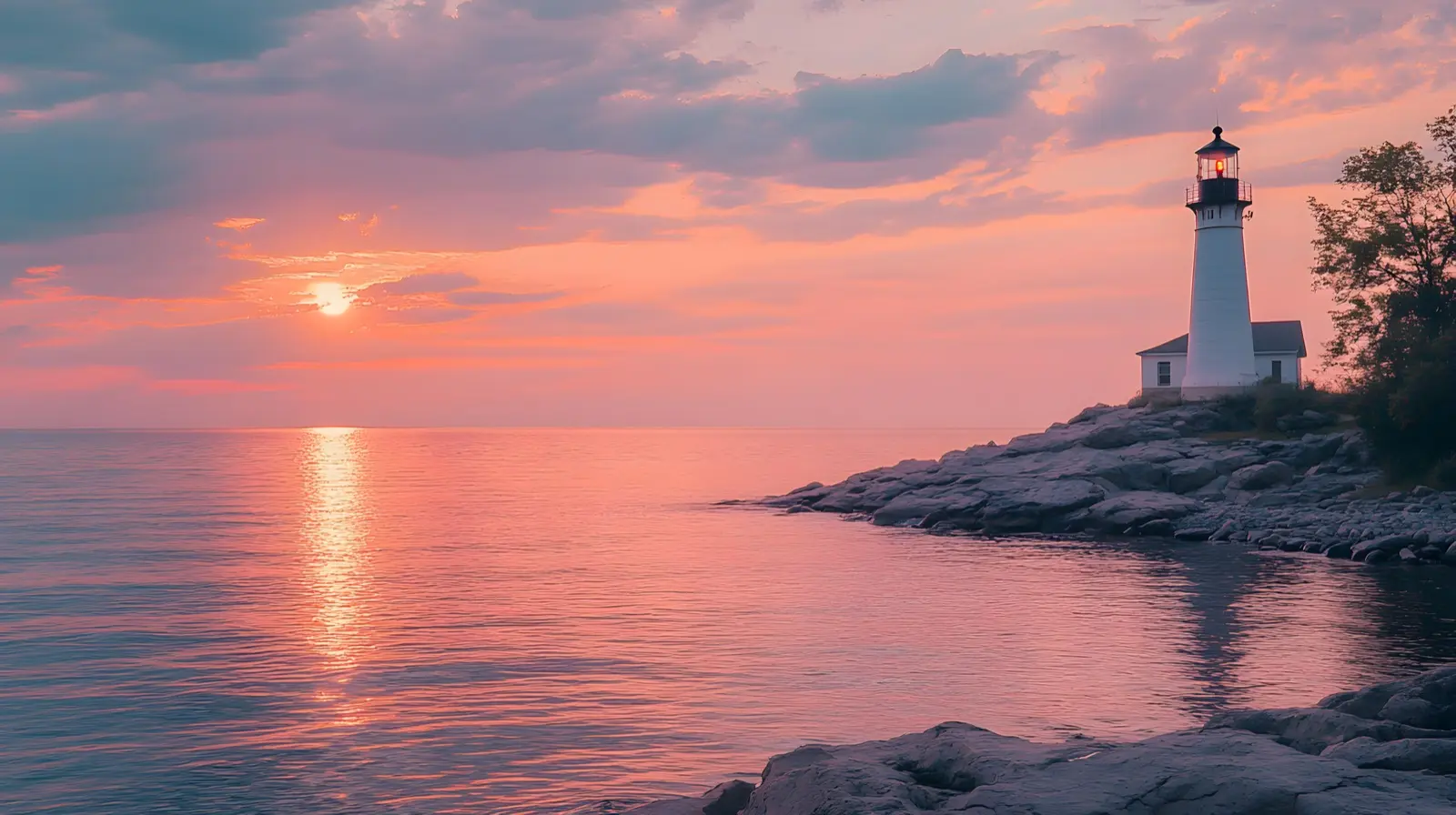 Lake Erie shoreline Ohio at sunset with classic lighthouse