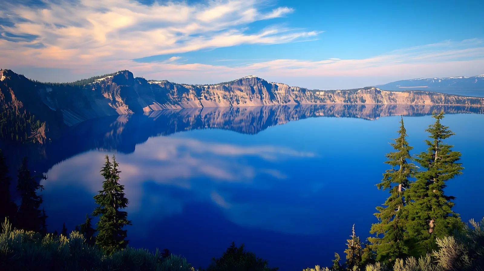 Deep blue water of Crater Lake ringed by caldera cliffs, Oregon