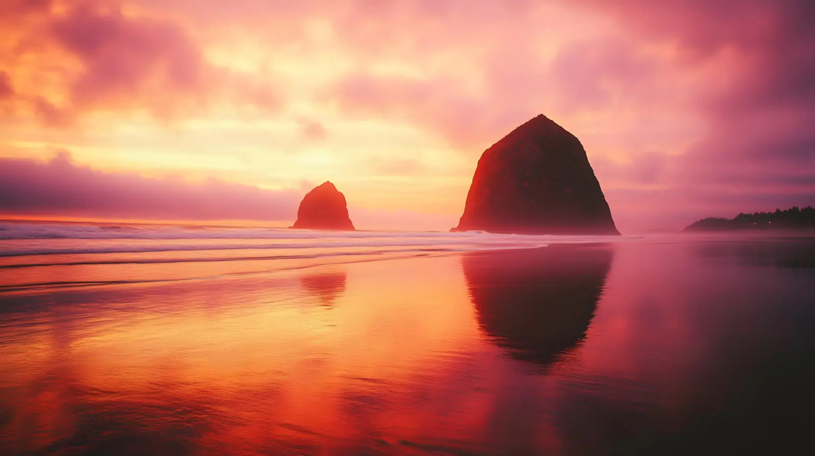 Haystack Rock at Cannon Beach Oregon at sunset dramatic sea