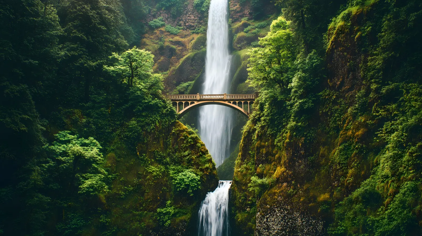 Multnomah Falls of Oregon cascading down moss-covered cliff