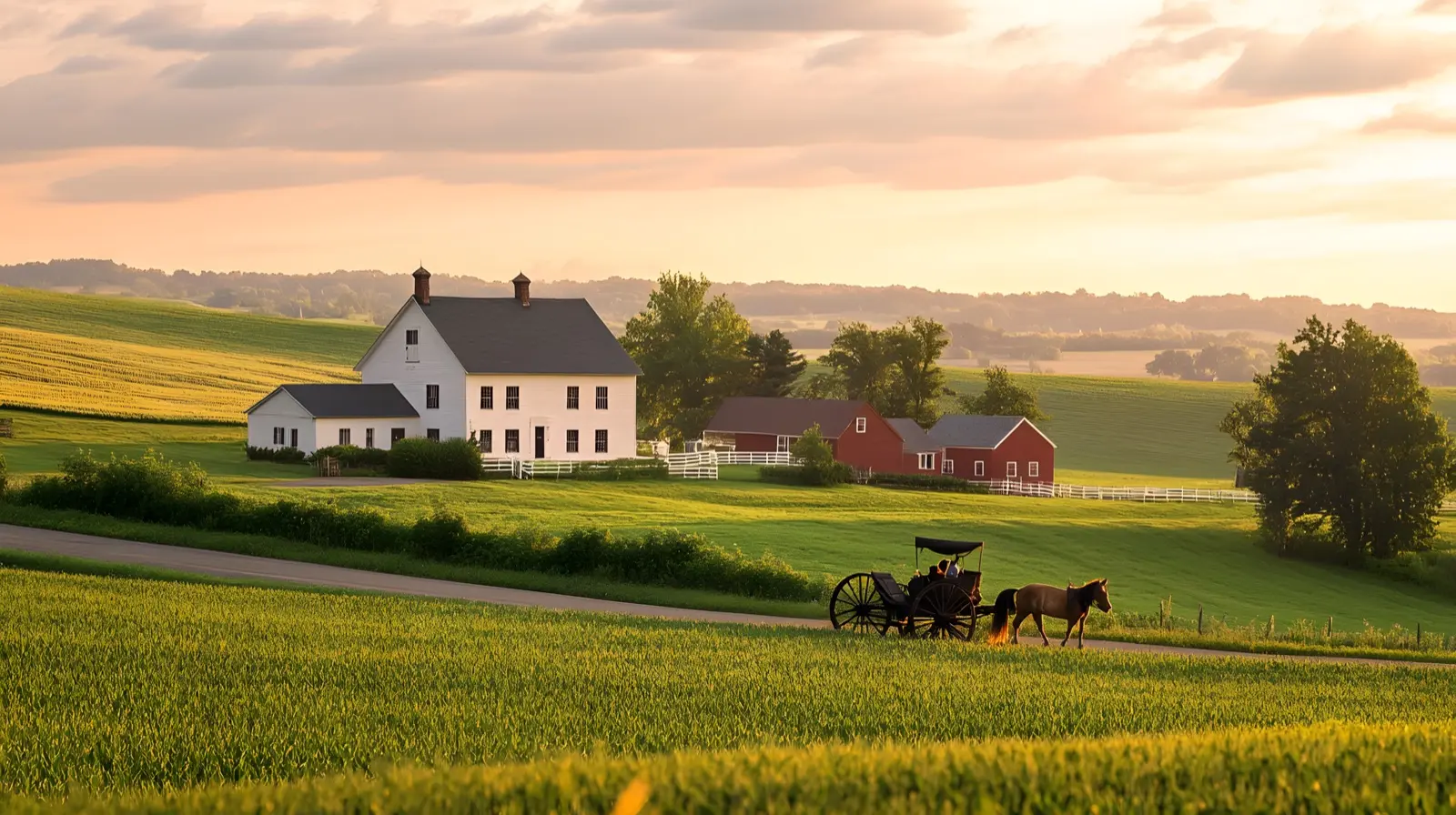 Lancaster County Pennsylvania Amish farmland at golden hour