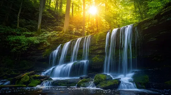 Ricketts Glen State Park Pennsylvania waterfall at golden hou