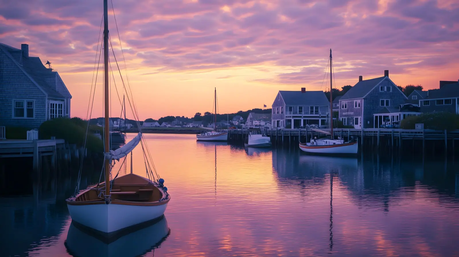 Block Island Rhode Island harbor at sunset classic wooden sai