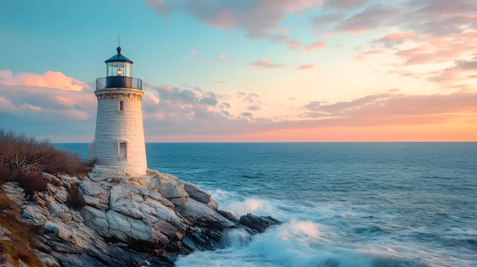 Lighthouse on a rocky point at sunrise, Rhode Island