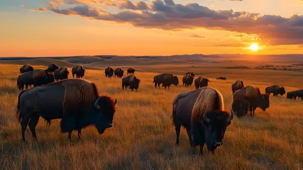 Herd of American bison grazing on vast South Dakota prairie