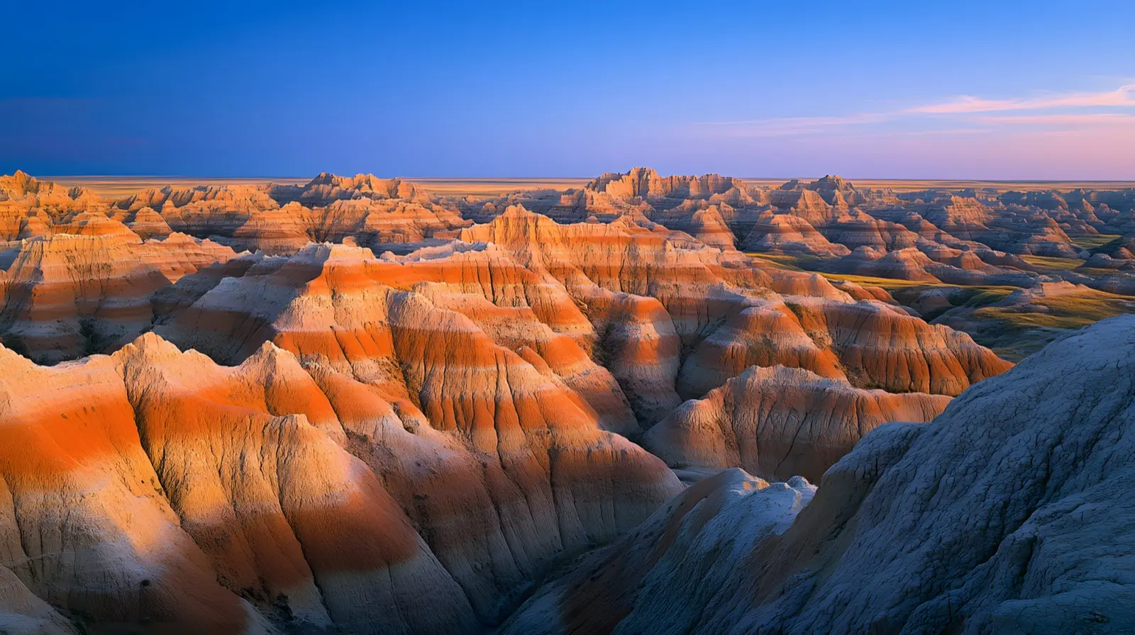 Striped rock layers of the South Dakota Badlands at sunset