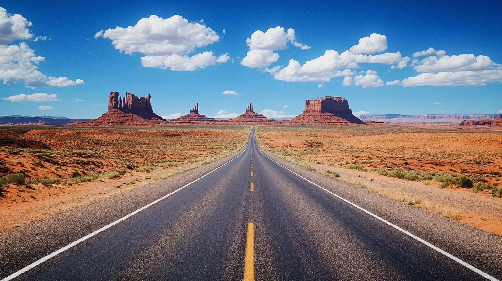 Empty desert highway cutting through Monument Valley landscap