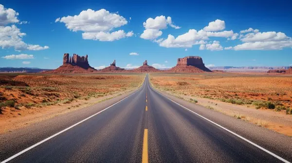 Empty desert highway cutting through Monument Valley landscap