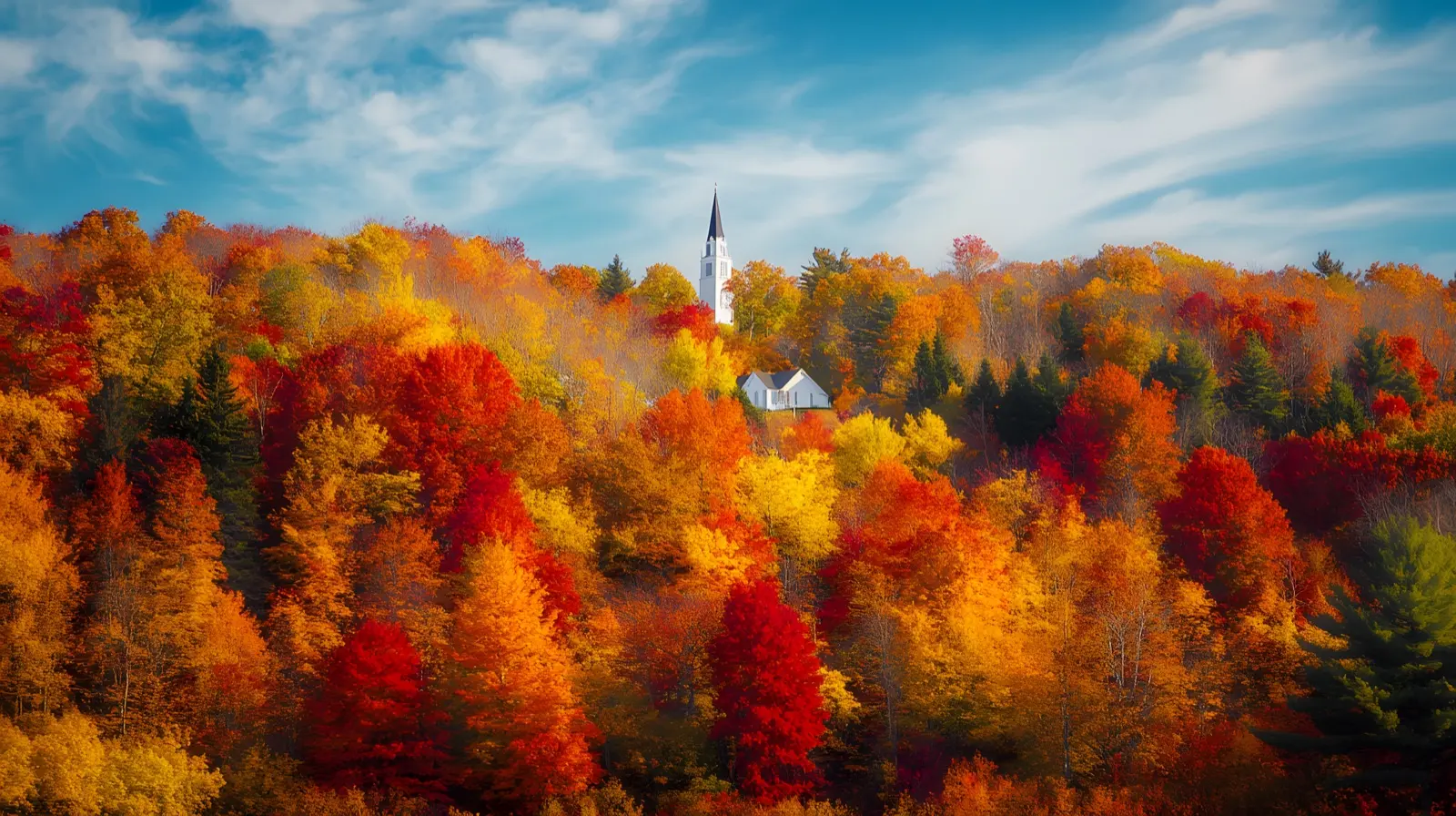 Hillside of Vermont maples at peak autumn color