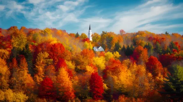 Hillside of Vermont maple trees in peak autumn color vivid