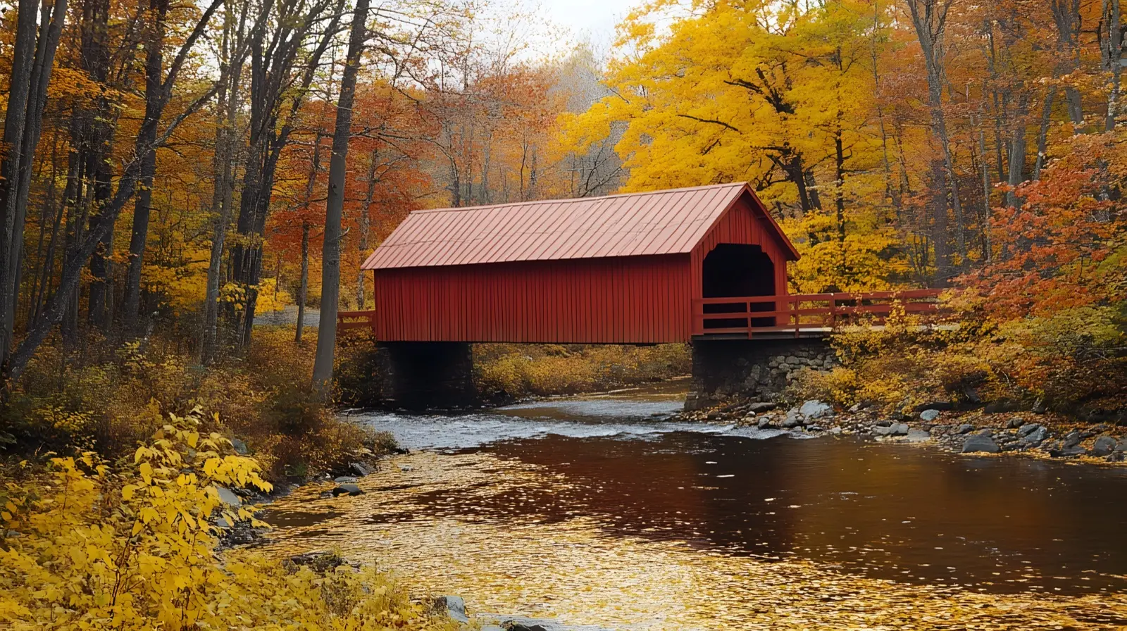 Red covered bridge over a Vermont creek