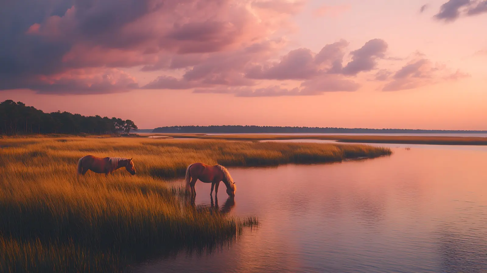 Chincoteague Virginia wild ponies grazing on golden marsh gra