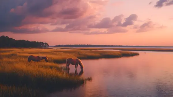 Chincoteague Virginia wild ponies grazing on golden marsh gra