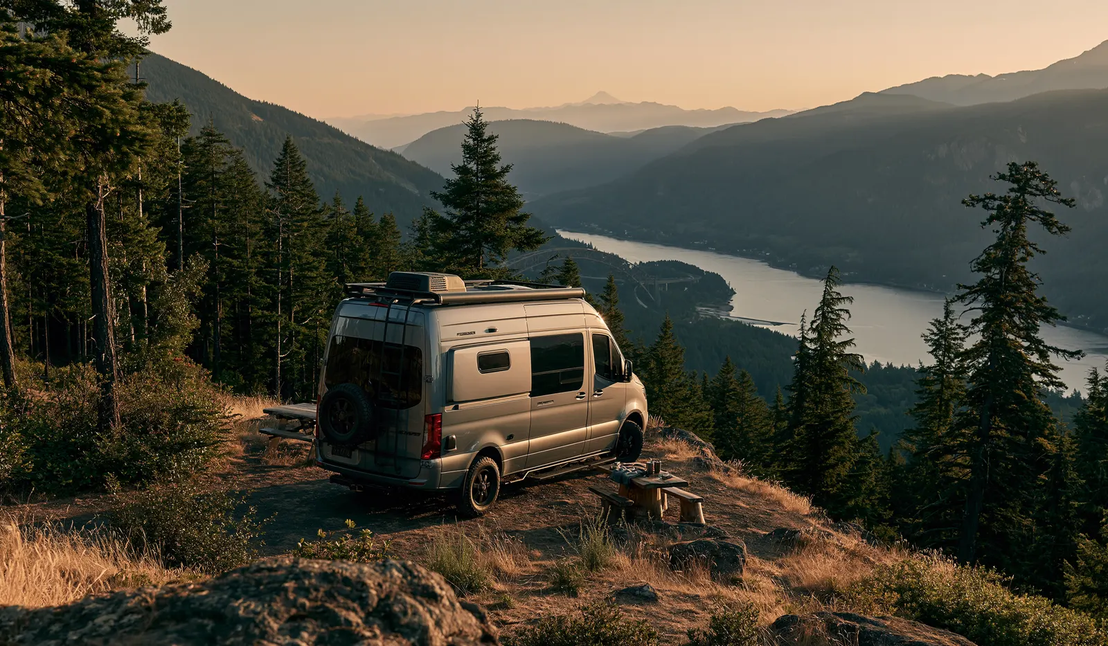 Camper van on an evergreen bluff overlooking a Washington sound