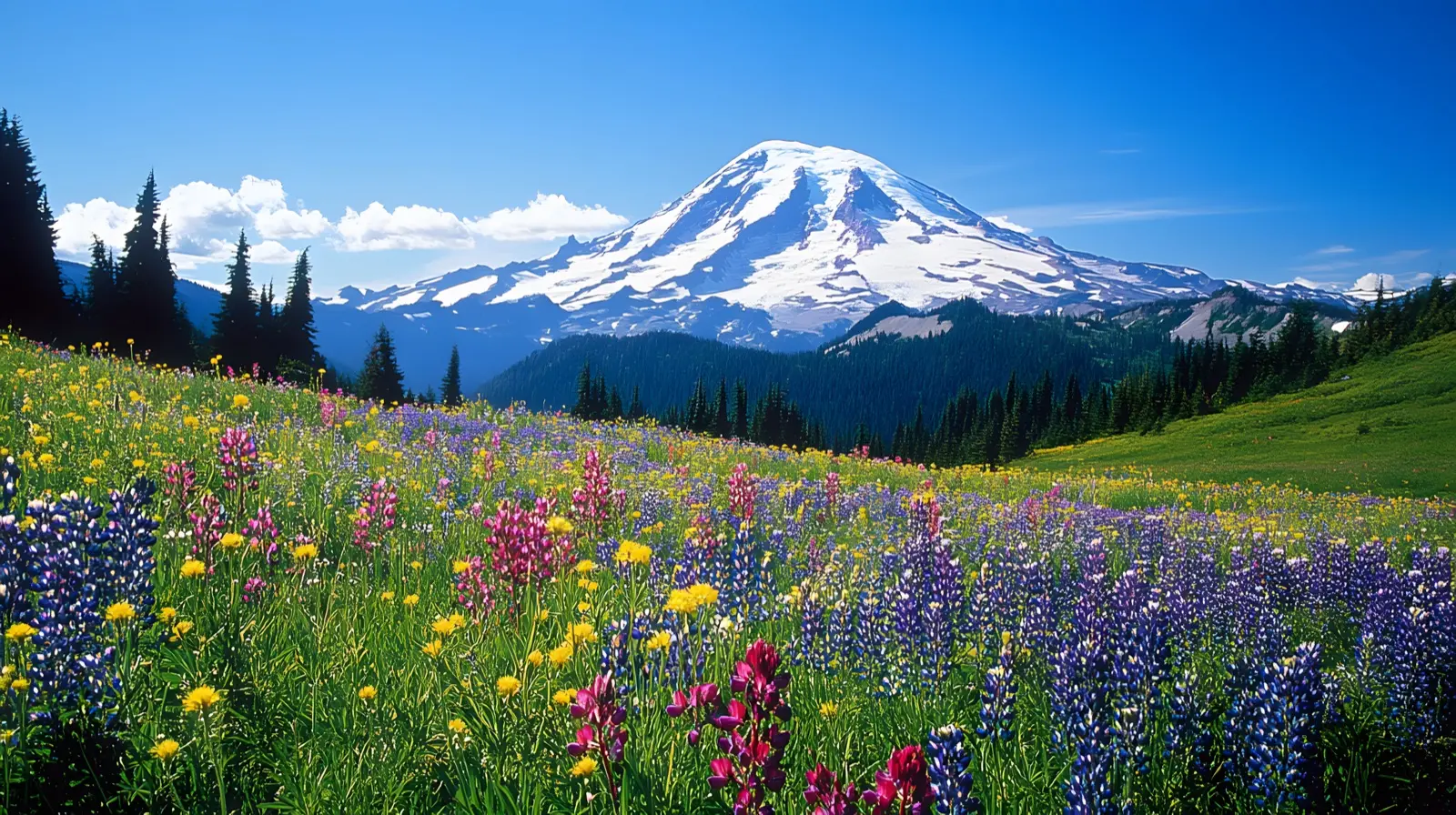 Mount Rainier rising over fields of wildflowers
