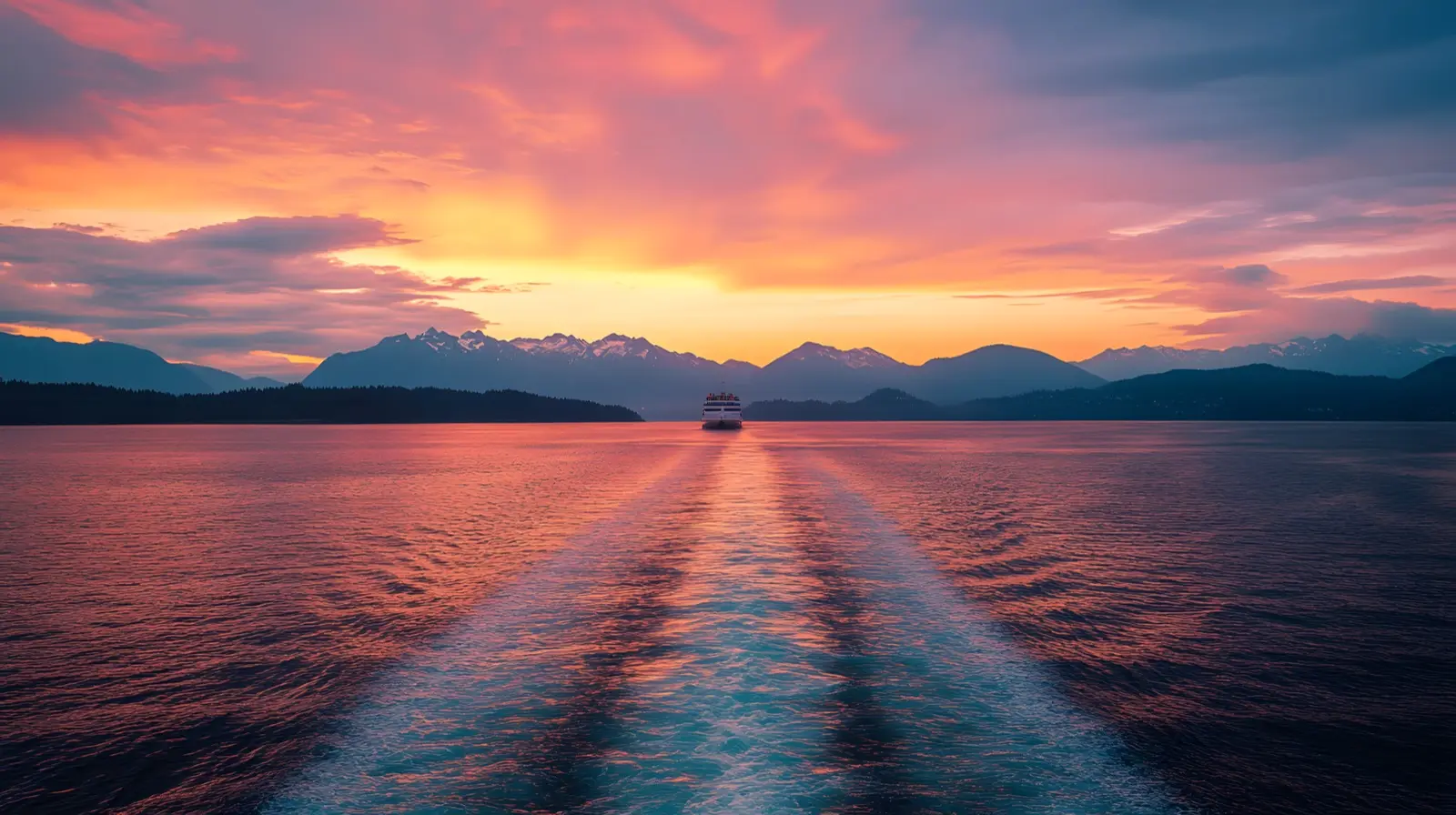 Washington state ferry crossing Puget Sound at golden hour