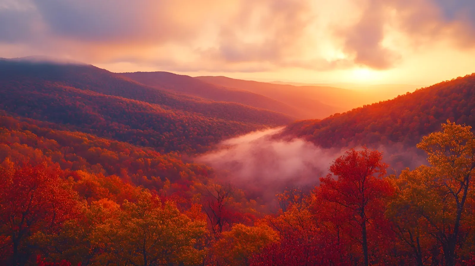 Appalachian Mountains West Virginia at sunrise layered ridges