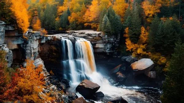 Blackwater Falls West Virginia waterfall at golden hour drama