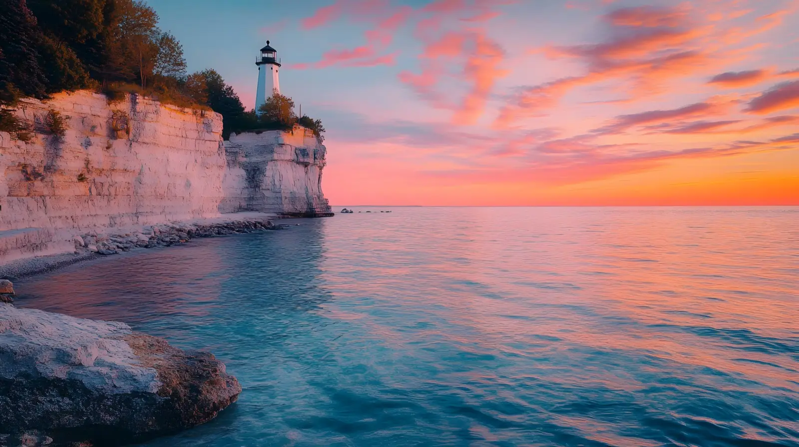 Door County Wisconsin shoreline at golden hour dramatic limes