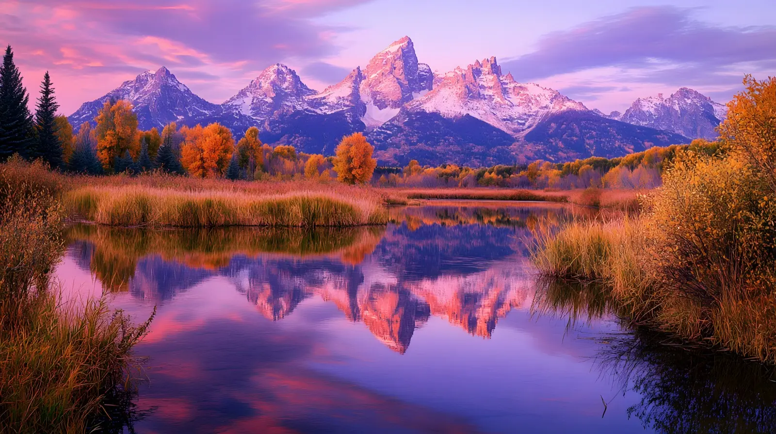 Dramatic Grand Teton mountain range reflected in glassy Snake