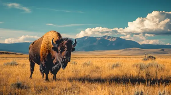 Single bison standing in open Wyoming plains with Yellowstone